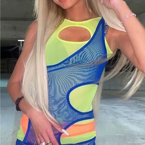 Fashion Nova Neon Yellow and Blue Cutout Dress
